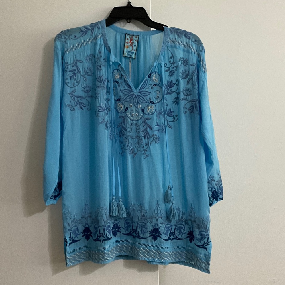 Johnny Was Sky Blue Embroidered Boho Tunic with Tassels